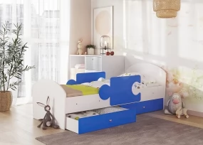 Детская кровать Мозаика, белый + синий ( с бортиками и ящиками)